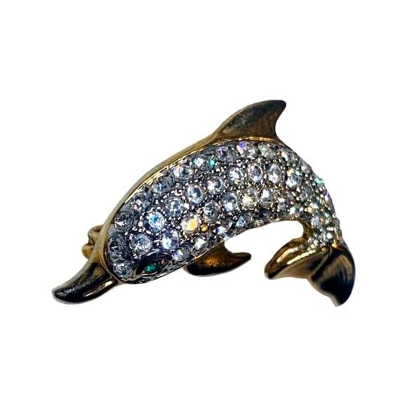 Vintage Shimmering Crystal Rhinestone Bling Dolphin Fish Gold Tone Brooch Pin - Picture 3 of 5